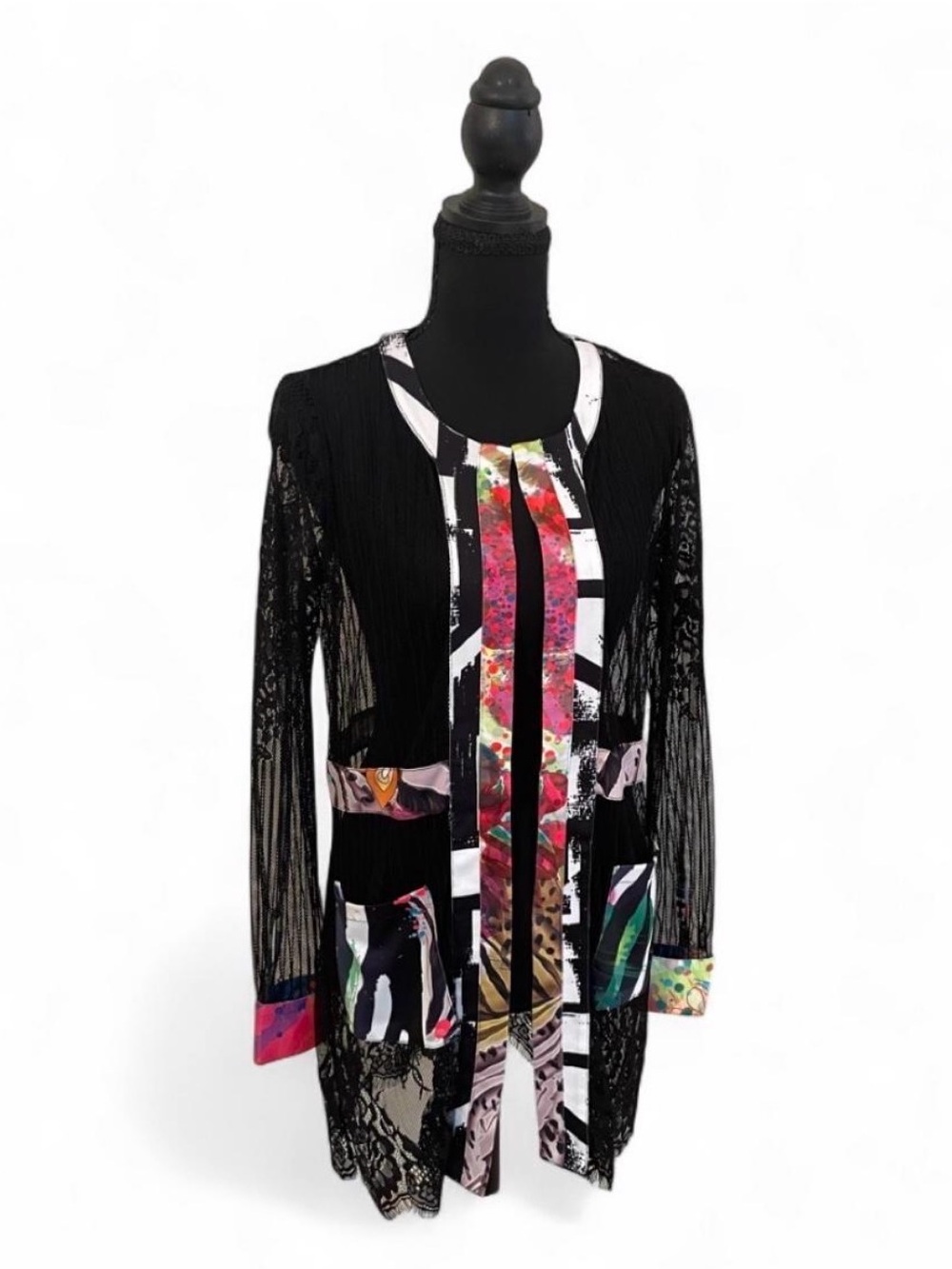 Mona Leah Couture Sheer Lace Top Colorful Artsy Pockets Lacy Sweater Unique, M